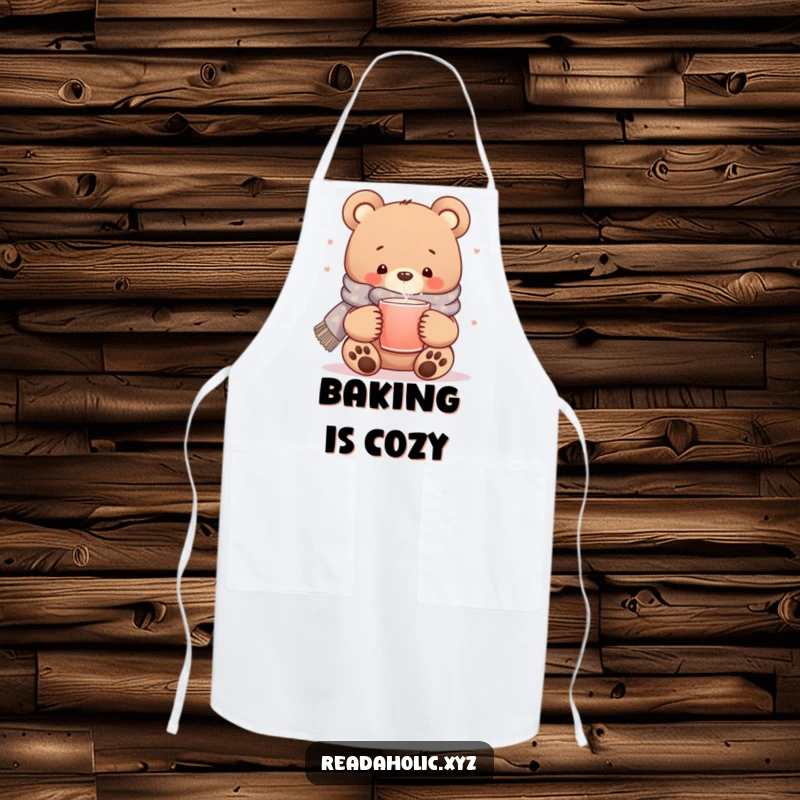 Funny kawaii bear apron, cozy scarf, steaming mug, cute animal kitchen wear, warm beverage chef.