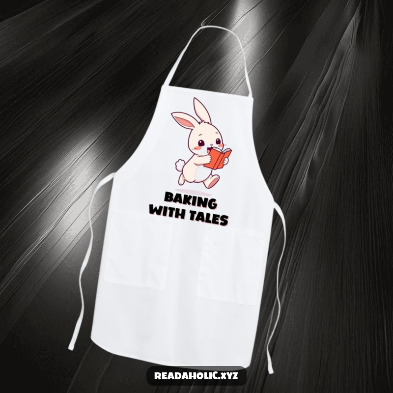 Funny kawaii bunny apron, showing the character hopping with a book, ideal for kitchen fun. Great funny gift for chefs.
