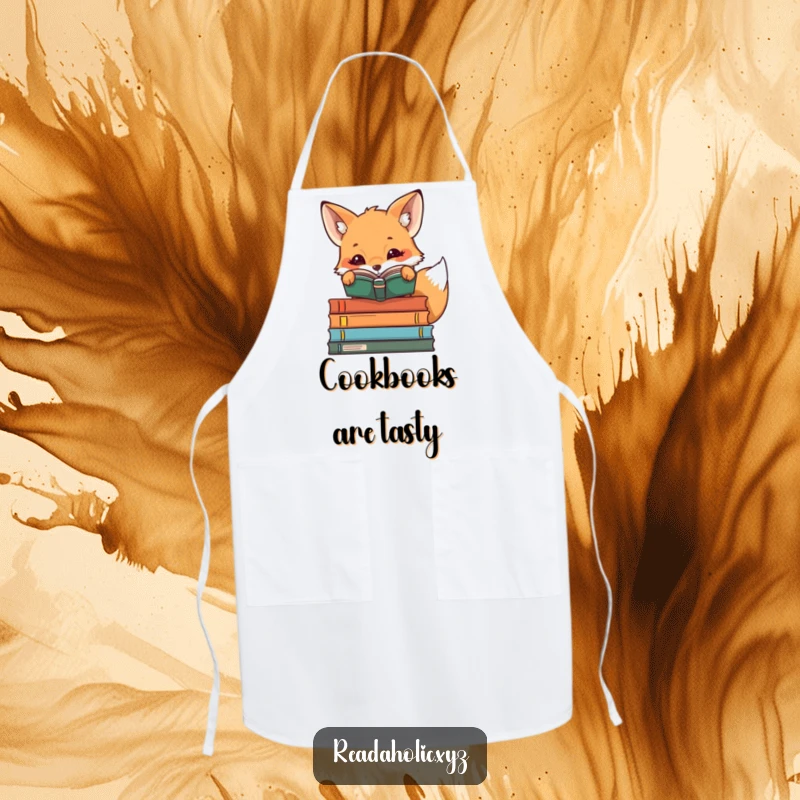 Funny kawaii reading fox peeking over book stacks, cute book lover apron, literary kitchen accessory, animal cooking wear, curious glance.