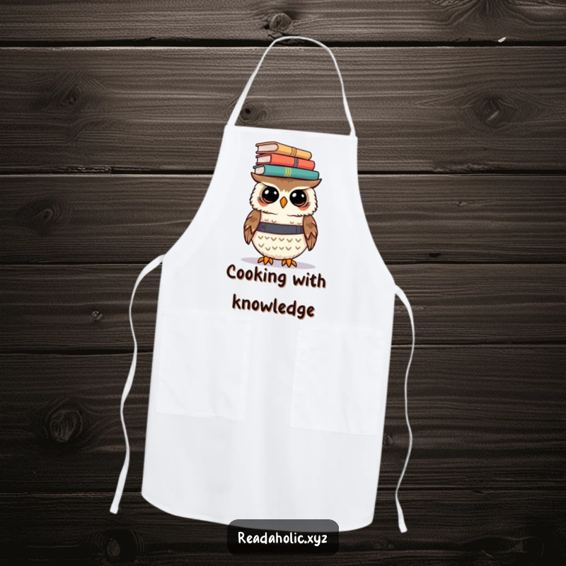 Funny kawaii owl apron showing a cute owl balancing books on its head, symbolizing knowledge in the kitchen.