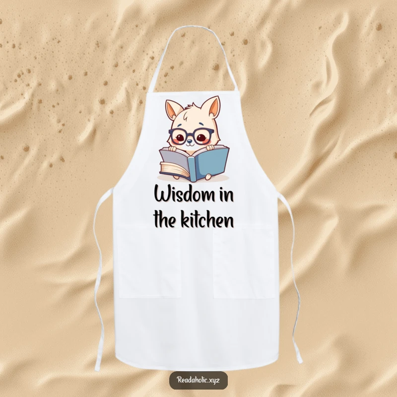 Funny cooking apron featuring a smiling animal with glasses, reading a giant book, perfect for a kitchen bookworm.