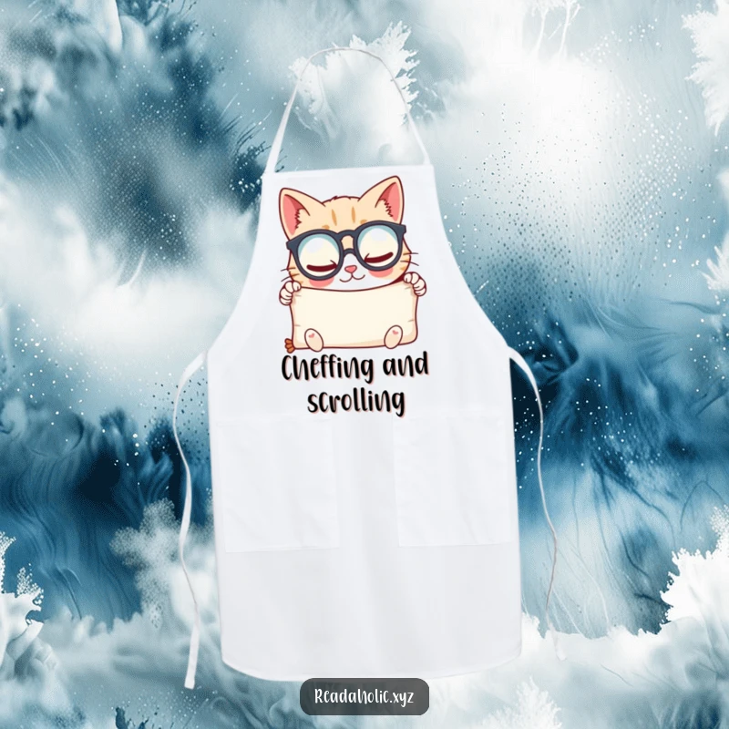Funny kawaii cat scholar apron, wearing glasses and looking at a scroll with glee, ideal for kitchen use. Great funny gift.