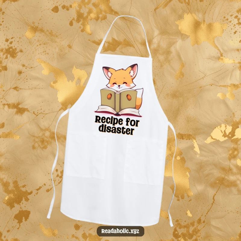 Funny kawaii fox apron showing a cute fox engrossed in reading a large book, perfect for a literary kitchen.