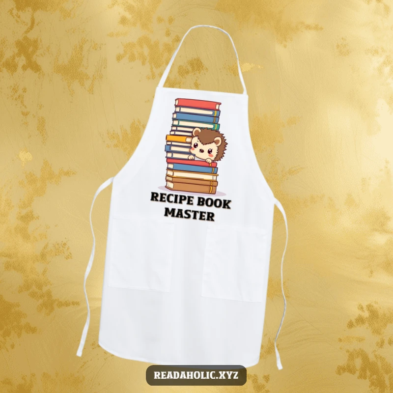 Funny Kawaii hedgehog apron, peeking from behind towering books, a cute and functional accessory for kitchen adventures.