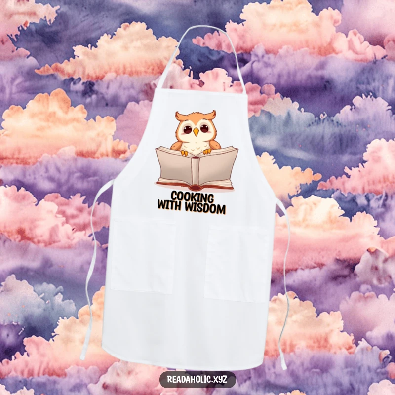 Funny kawaii owl apron with an excited owl turning the page of an oversized book, perfect for chefs who love to read.