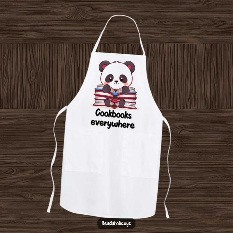 Funny Kawaii panda apron, humorously balancing many open books, a cute and functional accessory for kitchen adventures.