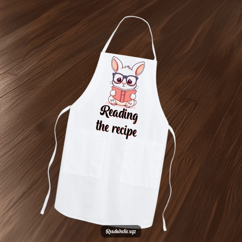 Funny kawaii rabbit apron with a cute rabbit wearing glasses, engrossed in reading, great for culinary adventures.