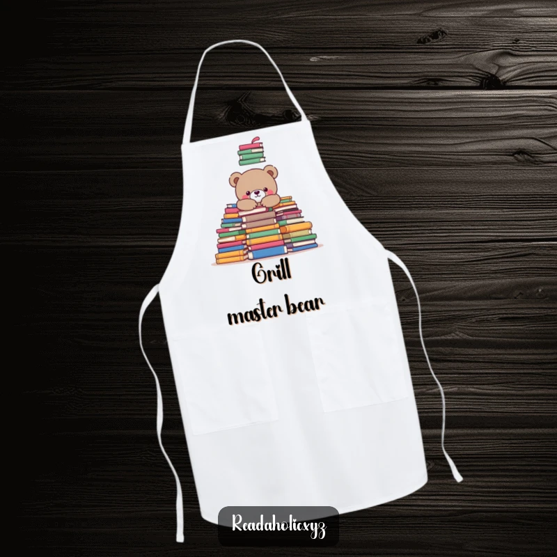 Funny kawaii bear bookworm apron, depicted snuggling among books, ideal for kitchen fun. Great funny gift.