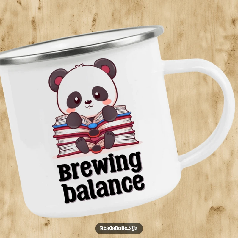 Funny Kawaii panda camping mug, humorously balancing open books, perfect for sipping drinks during outdoor study sessions.
