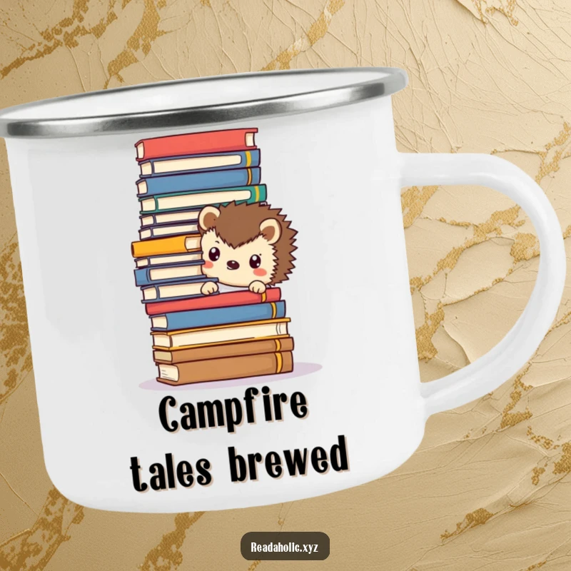 Funny Kawaii hedgehog camping mug, peeking from behind books, perfect for enjoying coffee or tea during outdoor reading sessions.