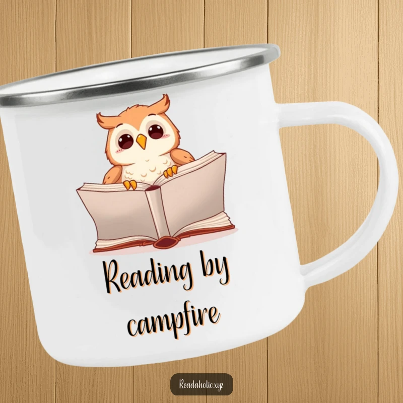 Funny kawaii owl camping mug with an excited owl turning the page of a huge book, ready for reading adventures.