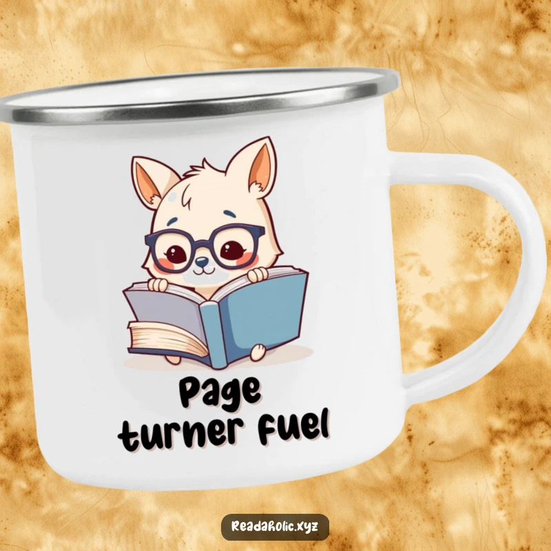 Funny enamel camping mug featuring a cute animal with glasses, reading a giant book, perfect for outdoor adventures.