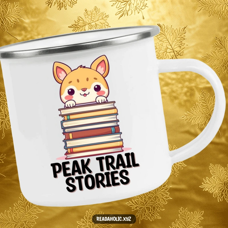 Funny enamel camping mug featuring a smiling animal peeking over a large stack of books, perfect for outdoor reading.