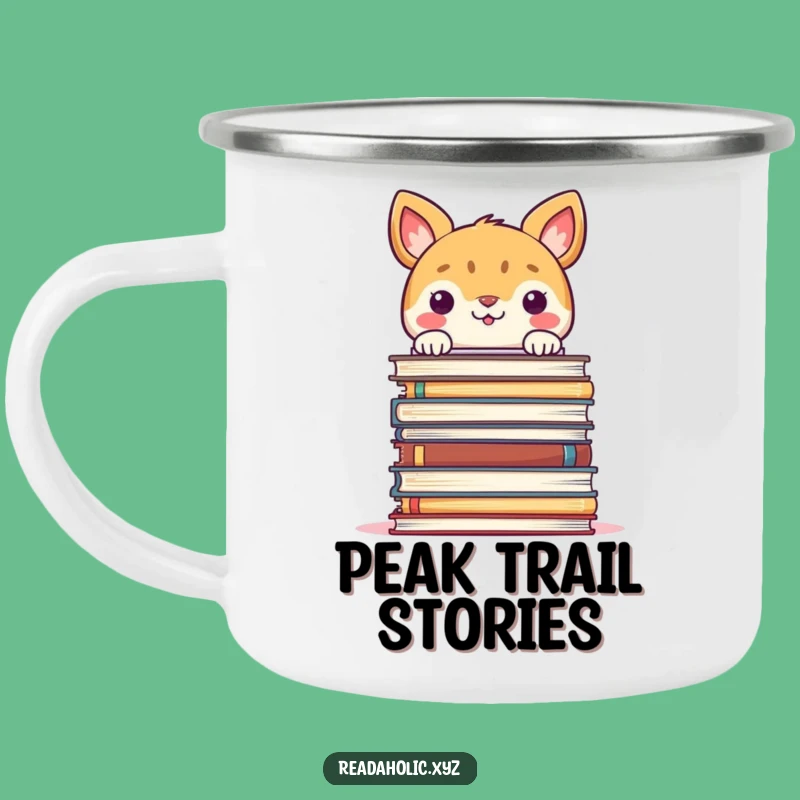Funny Camp Mug: Smiling Animal Peeks Over Book Stack, Outdoor Reading Humor Gift