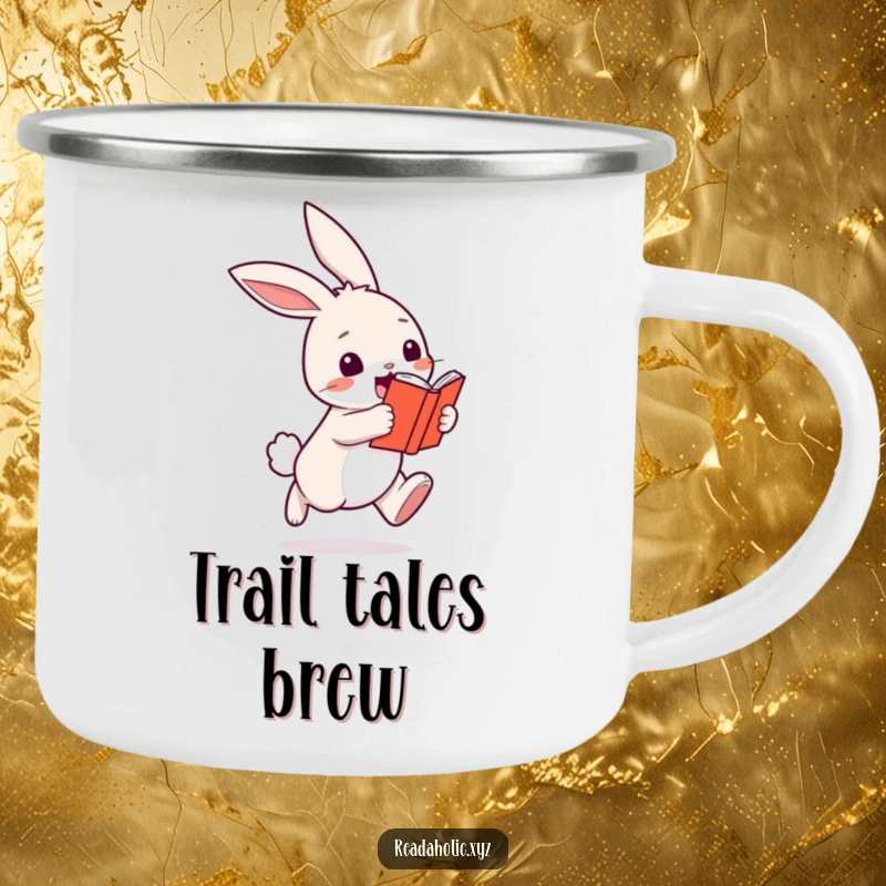 Funny kawaii bunny camping mug, hopping excitedly with a book, durable for outdoor adventures. Great funny gift.