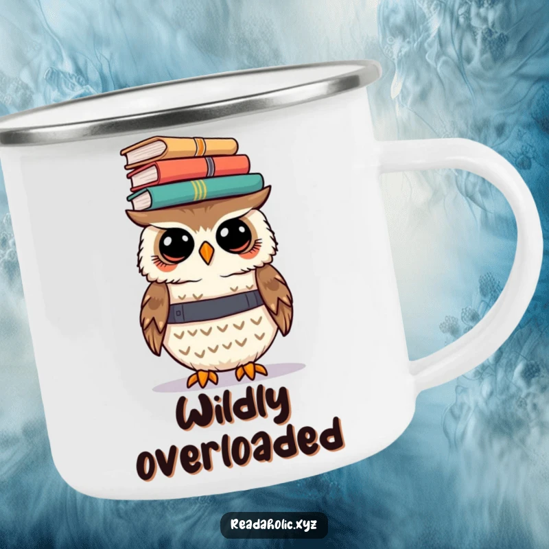 Funny kawaii owl camping mug showing a cute owl balancing a pile of books on its head, ready for outdoor learning.