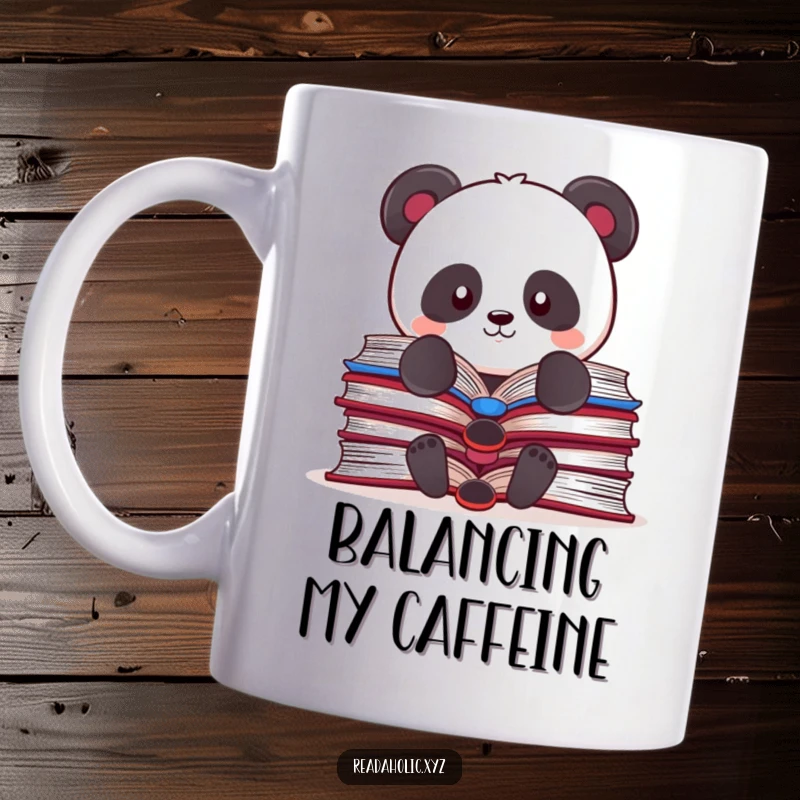 Funny Kawaii panda character struggling to balance many open books, a humorous depiction of academic effort and cute struggle.