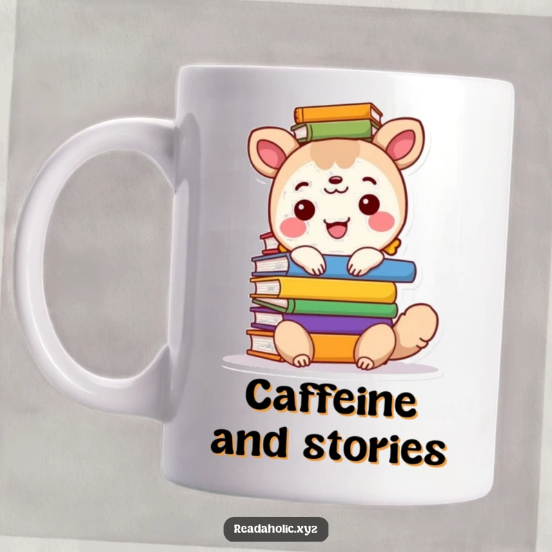 Funny mug with a happy animal character joyfully stacking a tall, colorful pile of books.