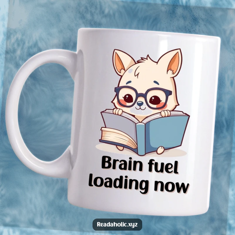 Funny mug with a charming animal wearing glasses, deeply focused on an oversized book, exuding studious joy.