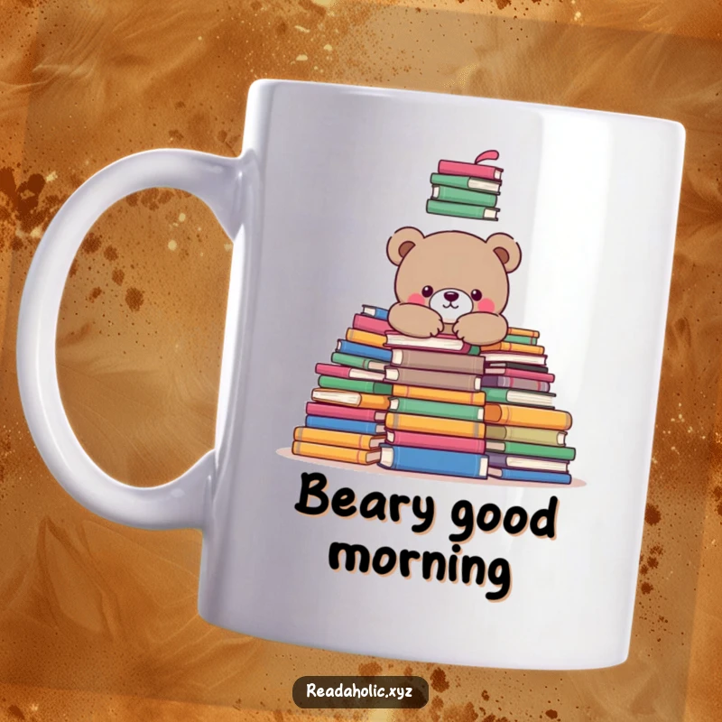 Funny kawaii bear mug, snuggled contentedly amongst a huge pile of colorful books, radiating cozy reading joy. Excellent funny gift.