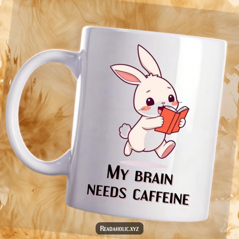 Funny kawaii bunny mug, excitedly hopping with a tiny book, celebrating reading and cute bookworm joy. Perfect gift for animal lovers.