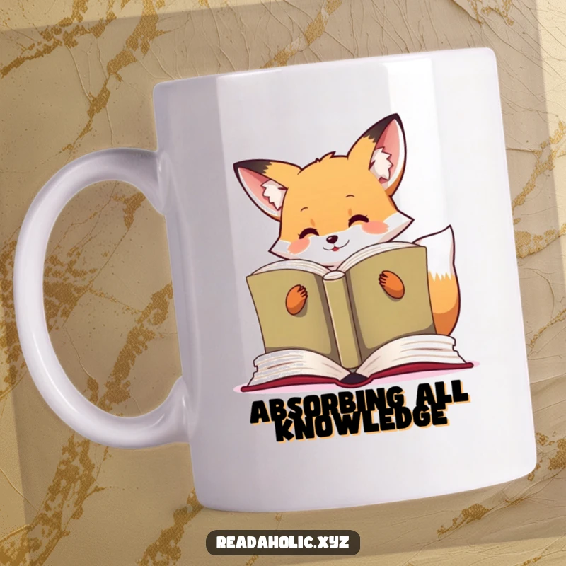 Funny kawaii fox mug showing an excited fox enthusiastically reading a very large open book, deeply engrossed.