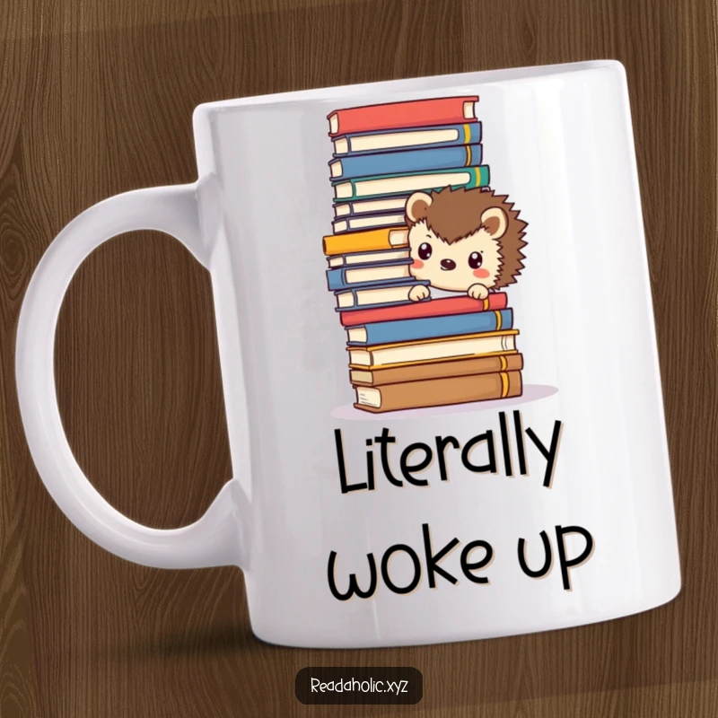 Funny Kawaii hedgehog peeking from behind a giant stack of books, cute and heartwarming, perfect for book lovers and readers.