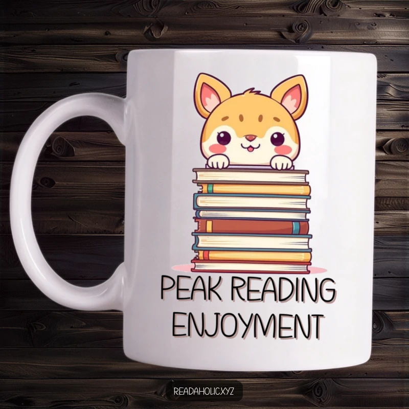 Funny mug with a smiling animal character peeking playfully over a huge stack of books.