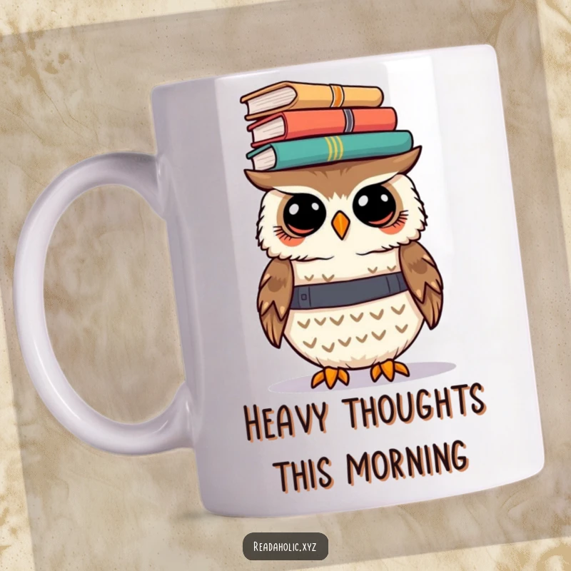 Funny kawaii owl mug showing a cute owl precariously balancing a tall stack of books on its head, looking focused.