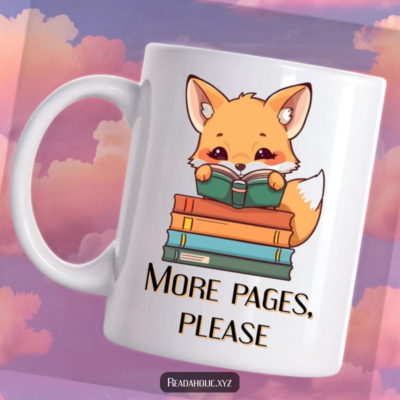 Funny kawaii reading fox peeking over book stacks, curious glance, book lover gift, cute animal art, bookshelf decor.