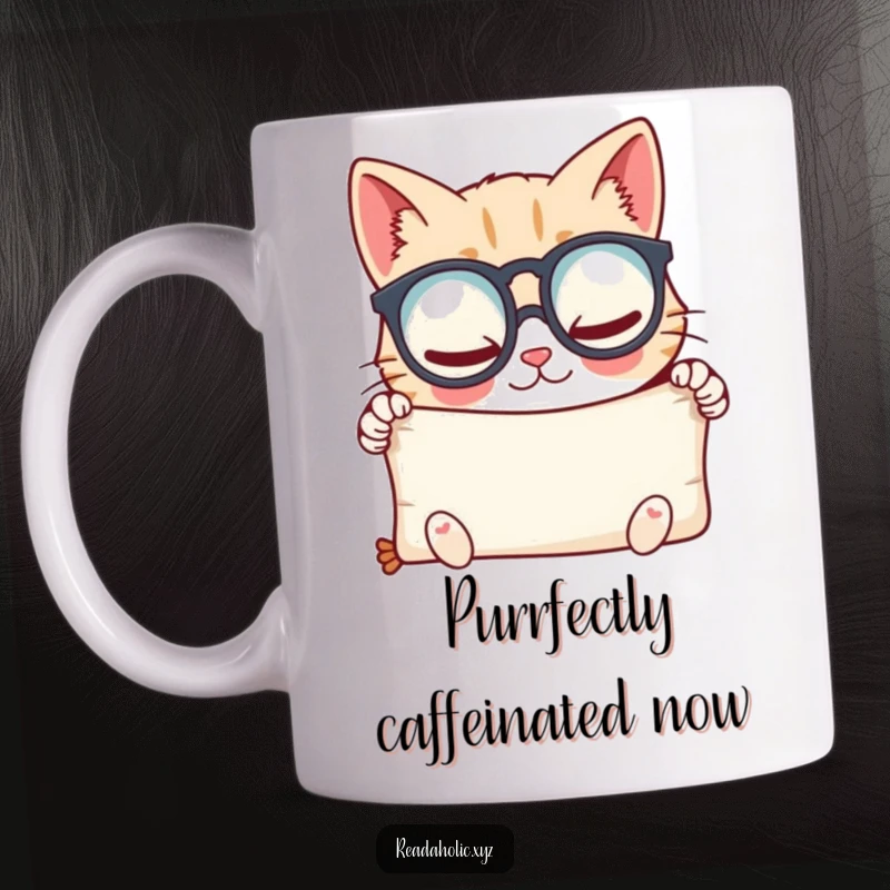 Funny kawaii cat mug, wearing spectacles, peering at a scroll with glee, embodying smart curiosity. Excellent funny gift.