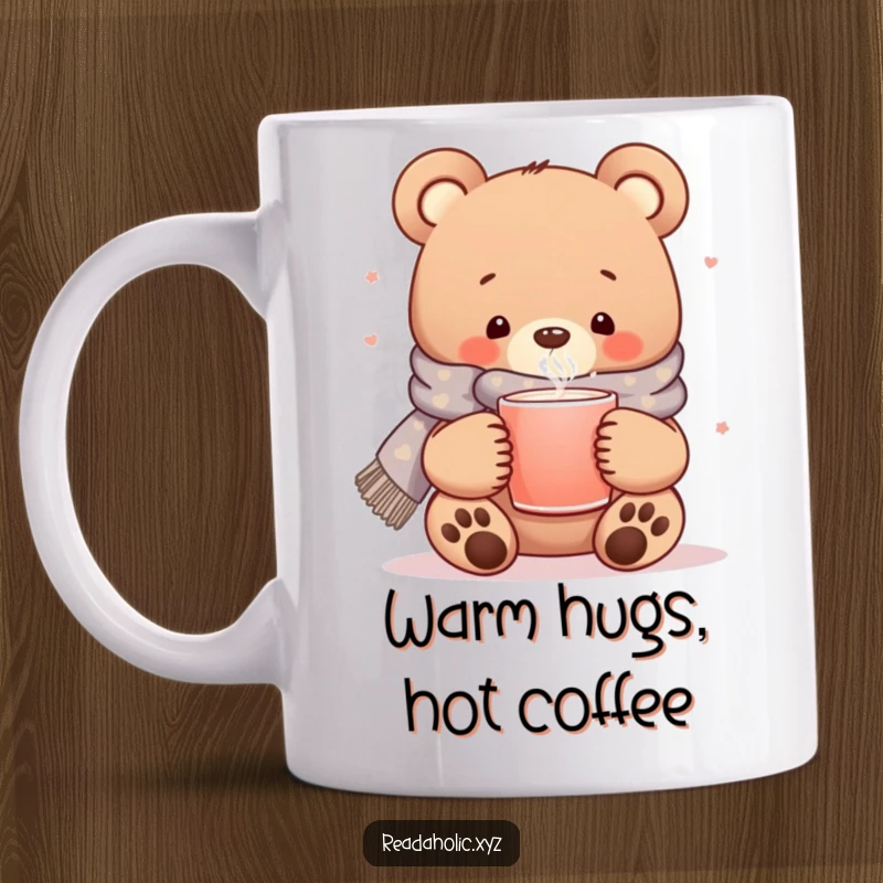 Funny kawaii reading bear, cozy scarf, steaming mug, cute animal coffee cup, warm hug gift.