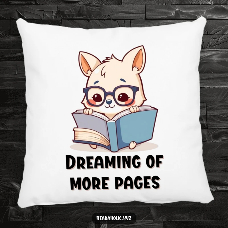 Funny decorative pillow showcasing a cute animal wearing glasses, engrossed in a giant book, adding comfort and humor.
