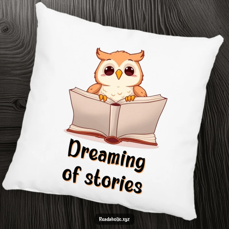 Funny kawaii owl pillow with an excited owl turning the page of a large book, perfect for cozy reading corners.