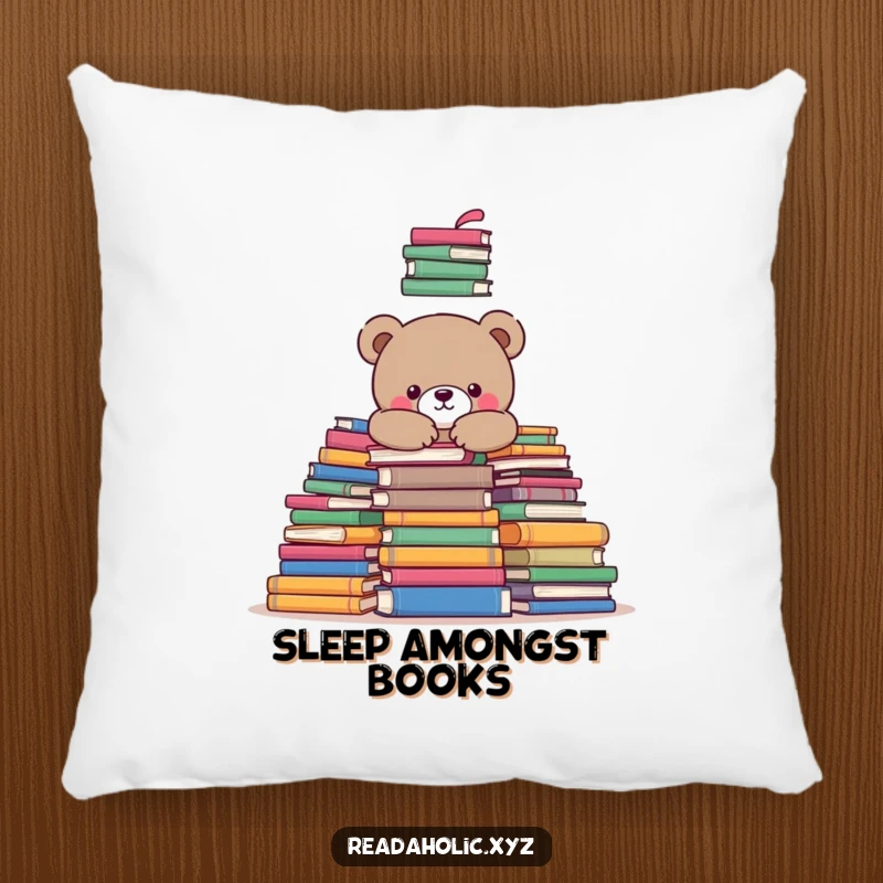 Funny kawaii bear bookworm pillow, featuring the cute character snuggling in books, offering comfort and charm. Ideal funny gift.