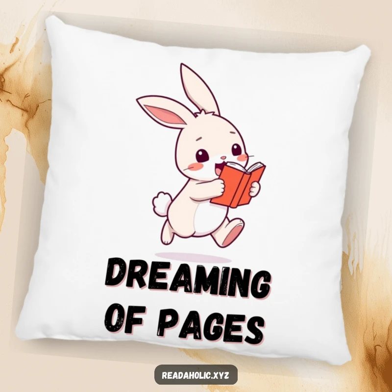 Funny kawaii bunny pillow, featuring the cute character hopping with a book, offering comfort and charm. Ideal funny gift.