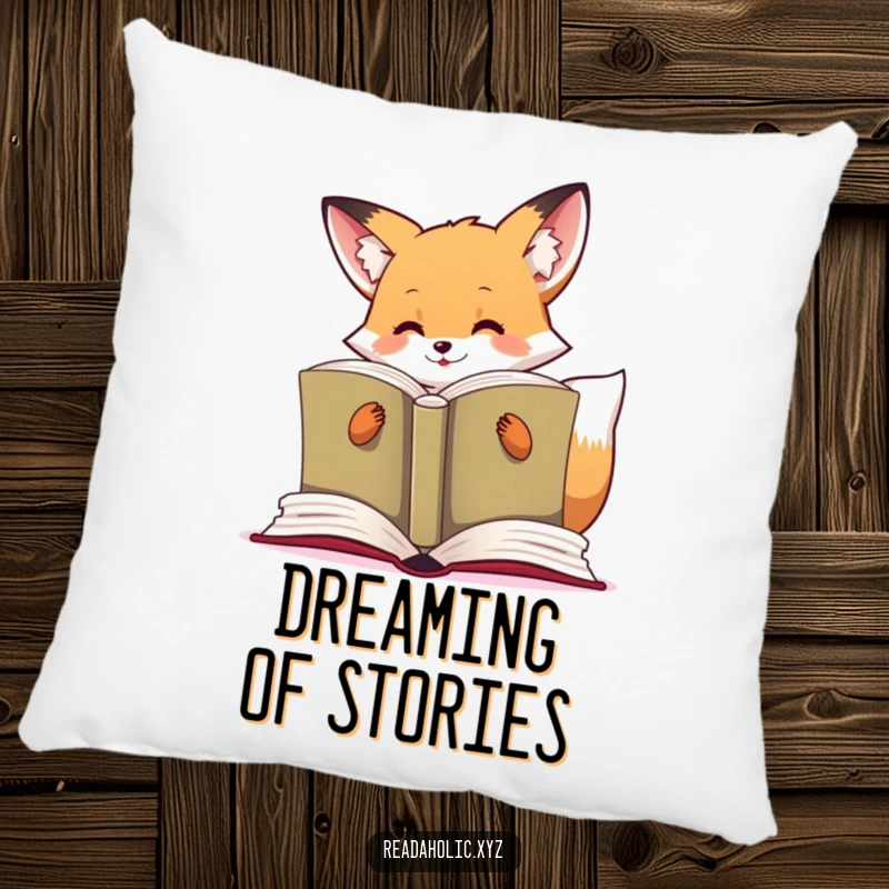 Funny kawaii fox pillow featuring a cute fox enthusiastically reading a large open book, ideal for a cozy reading space.