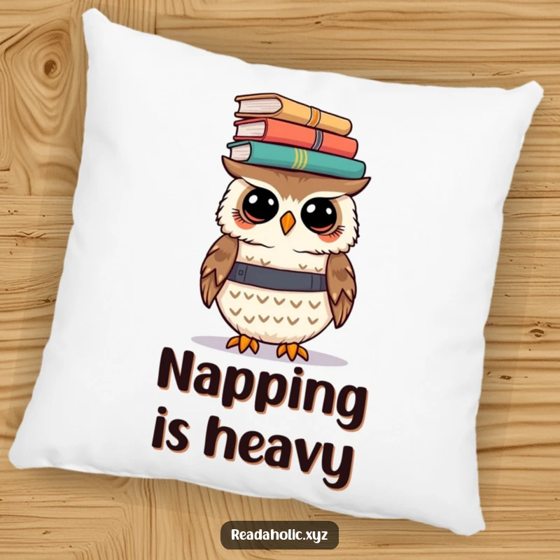Funny kawaii owl pillow featuring a cute owl balancing a stack of books on its head, perfect for a cozy study space.
