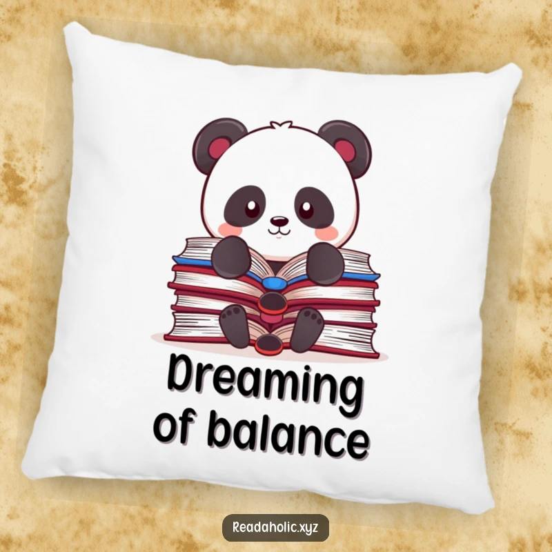 Funny Kawaii panda pillow, humorously balancing multiple open books, providing cozy comfort and a touch of academic humor.