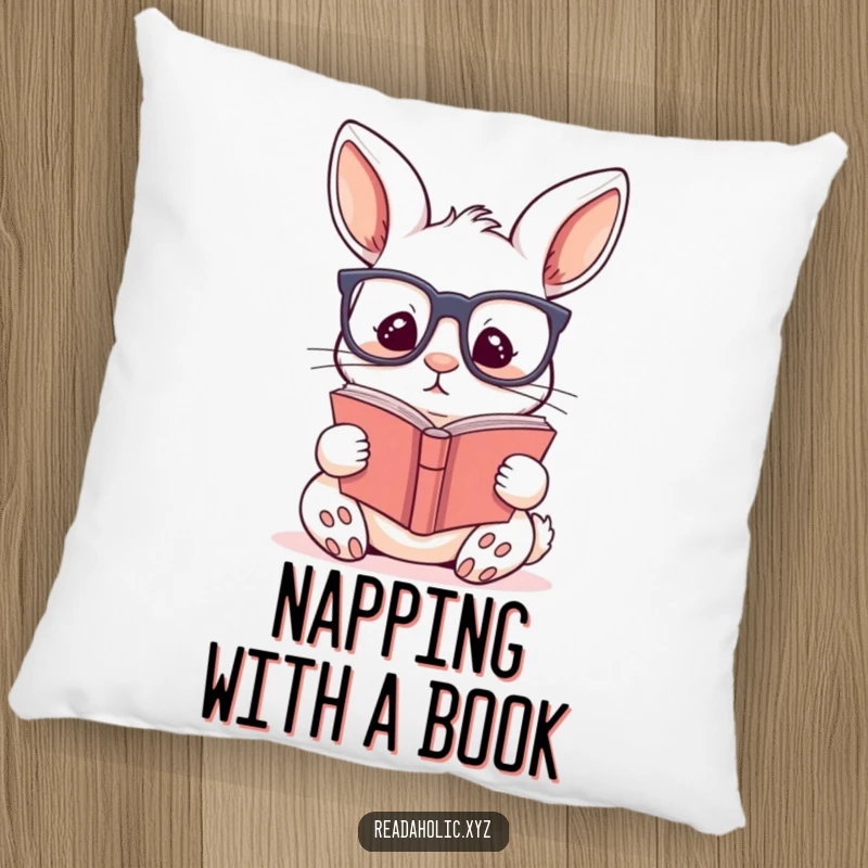 Funny kawaii rabbit pillow with a cute rabbit wearing glasses, engrossed in a story, perfect for cozy reading nooks.