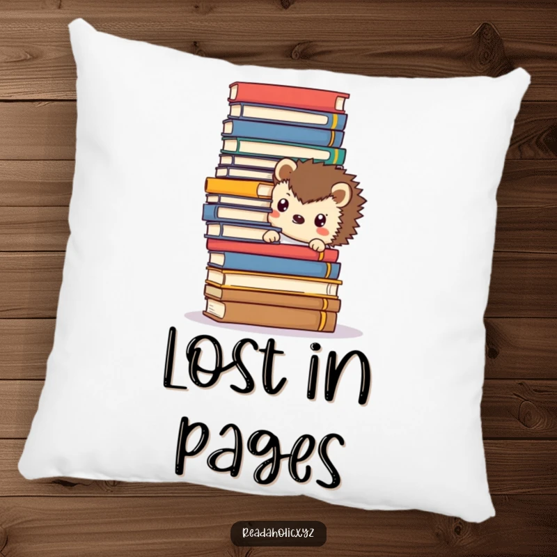 Funny Kawaii hedgehog pillow, peeking from behind a stack of books, providing cozy comfort for aspiring librarians and readers.