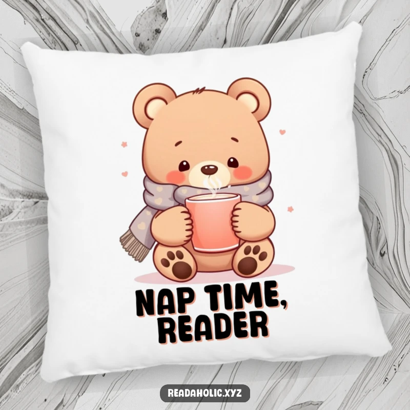 Funny kawaii bear pillow, cozy scarf, steaming mug, cute animal cushion, ultimate comfort gift.