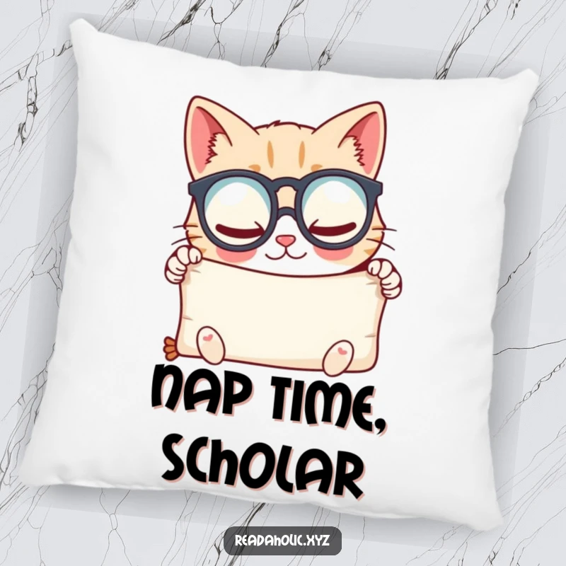 Funny kawaii cat scholar pillow, featuring the character with spectacles and a scroll, offering comfort and wisdom. Ideal funny gift.
