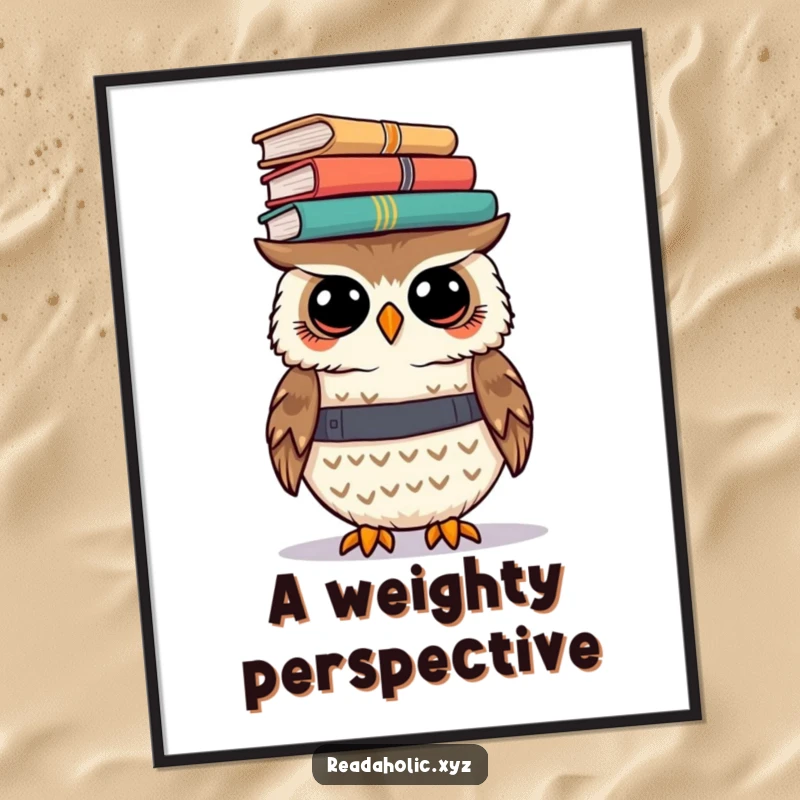 Funny kawaii owl digital art print of a cute owl precariously balancing a stack of books on its head, symbolizing intellect.