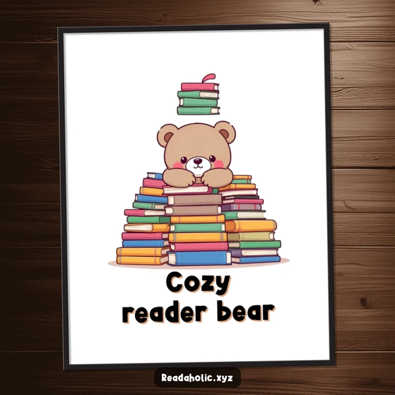 Funny kawaii bear bookworm digital art print, depicted snuggling amongst books, radiating warmth and joy. Perfect funny gift.