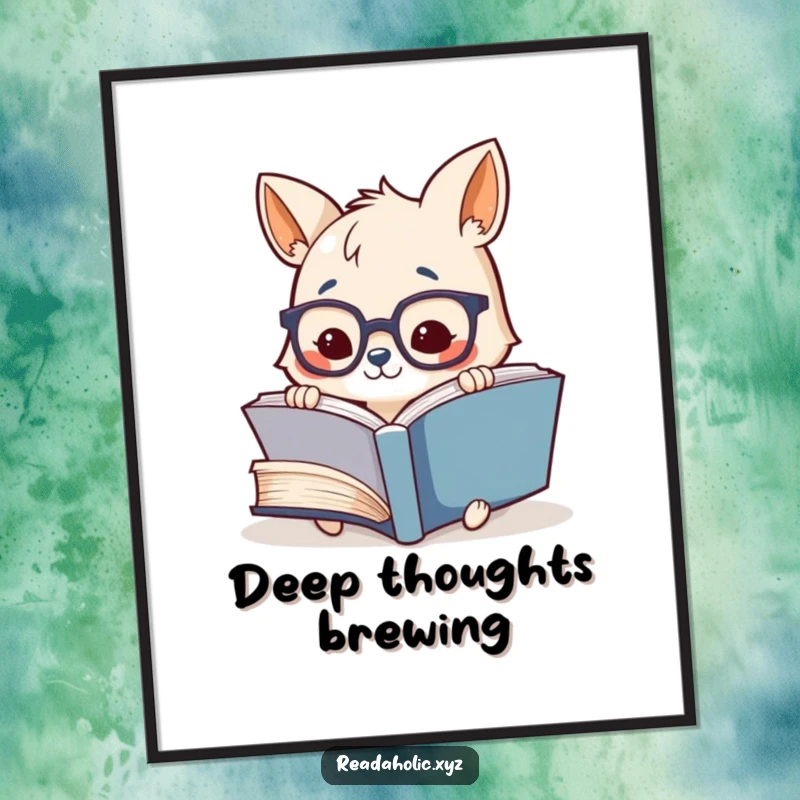 Funny digital art print of a cute animal with glasses, deeply focused on a colossal book, perfect for wall decor.
