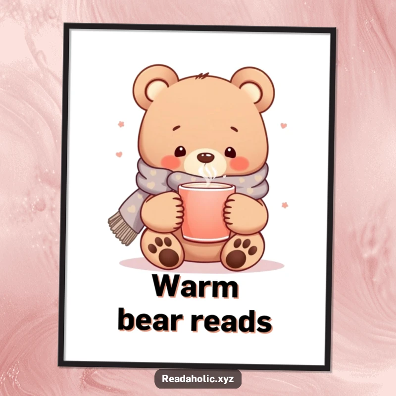 Funny kawaii bear digital art, cozy scarf, steaming mug, cute animal printable decor, heartwarming illustration.