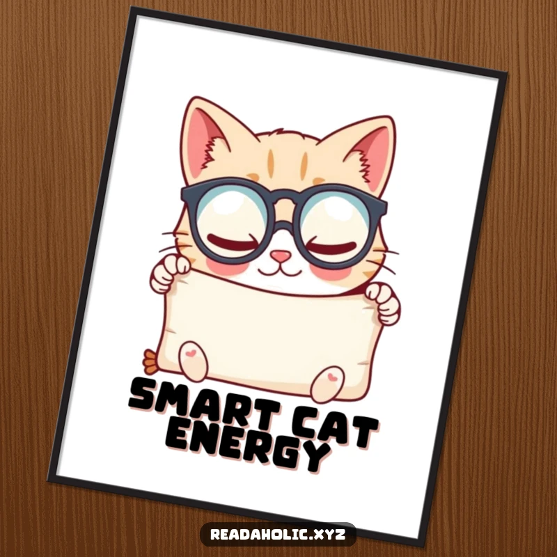 Funny kawaii cat scholar digital art print, depicted with spectacles peering at a scroll with glee. Perfect funny gift.