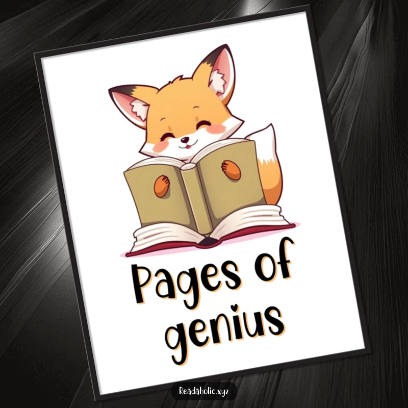 Funny kawaii fox digital art print of a cute fox enthusiastically reading a massive open book, celebrating literature.