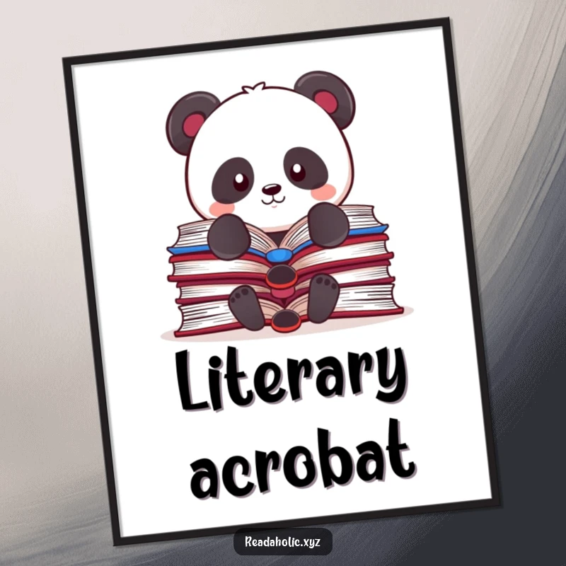 Funny Kawaii panda digital art, humorously balancing multiple open books, a downloadable piece of cute and funny wall art.